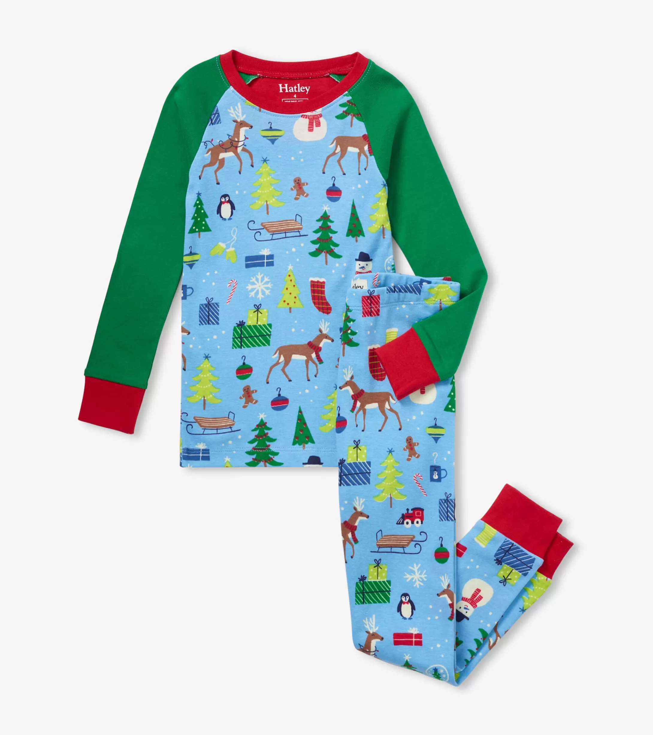 Hatley Blue Christmas Raglan Kids Organic Cotton Pajama Set Fashion