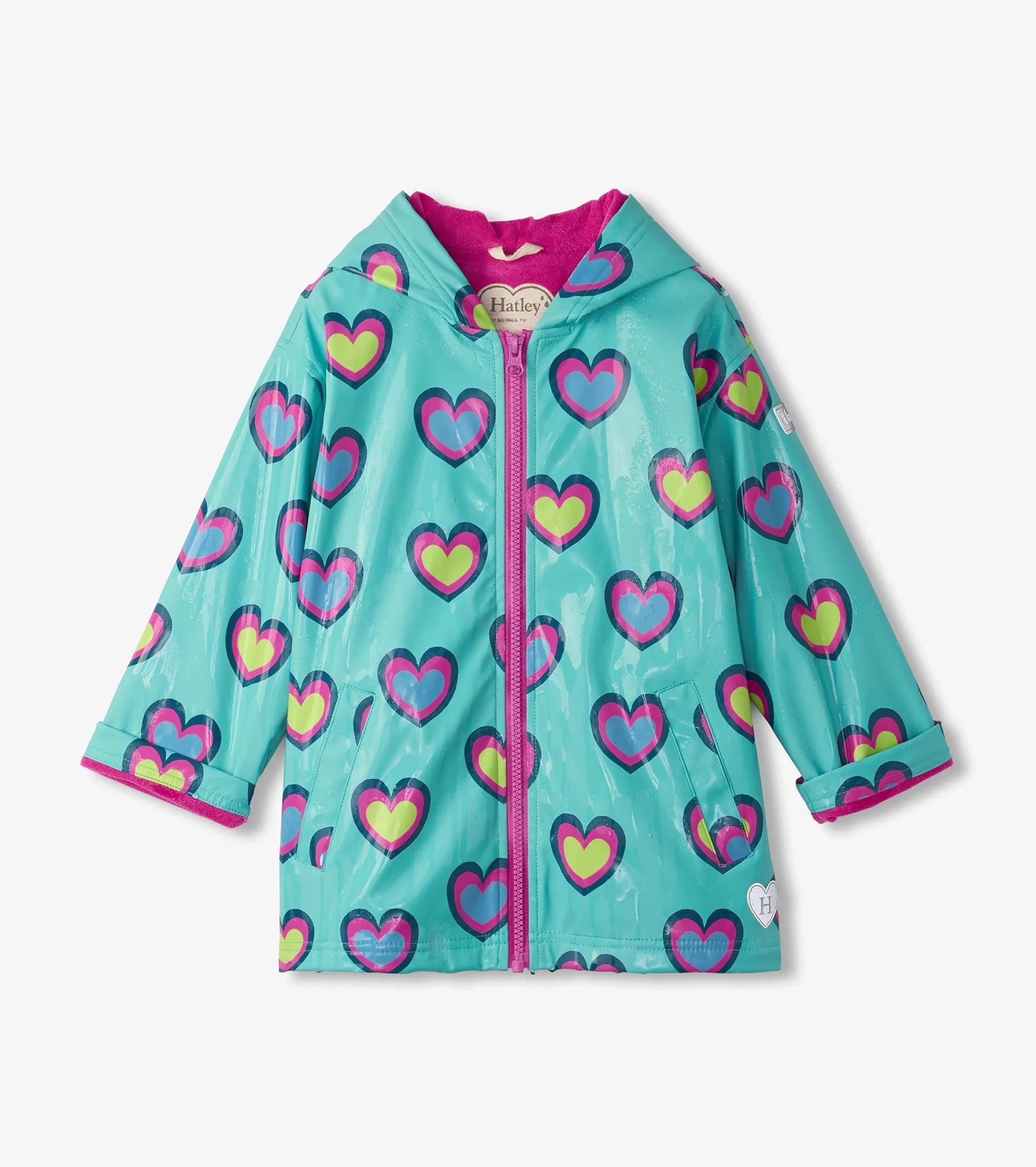 Hatley Girls Hearts Colour Changing Zip-Up Rain Jacket New