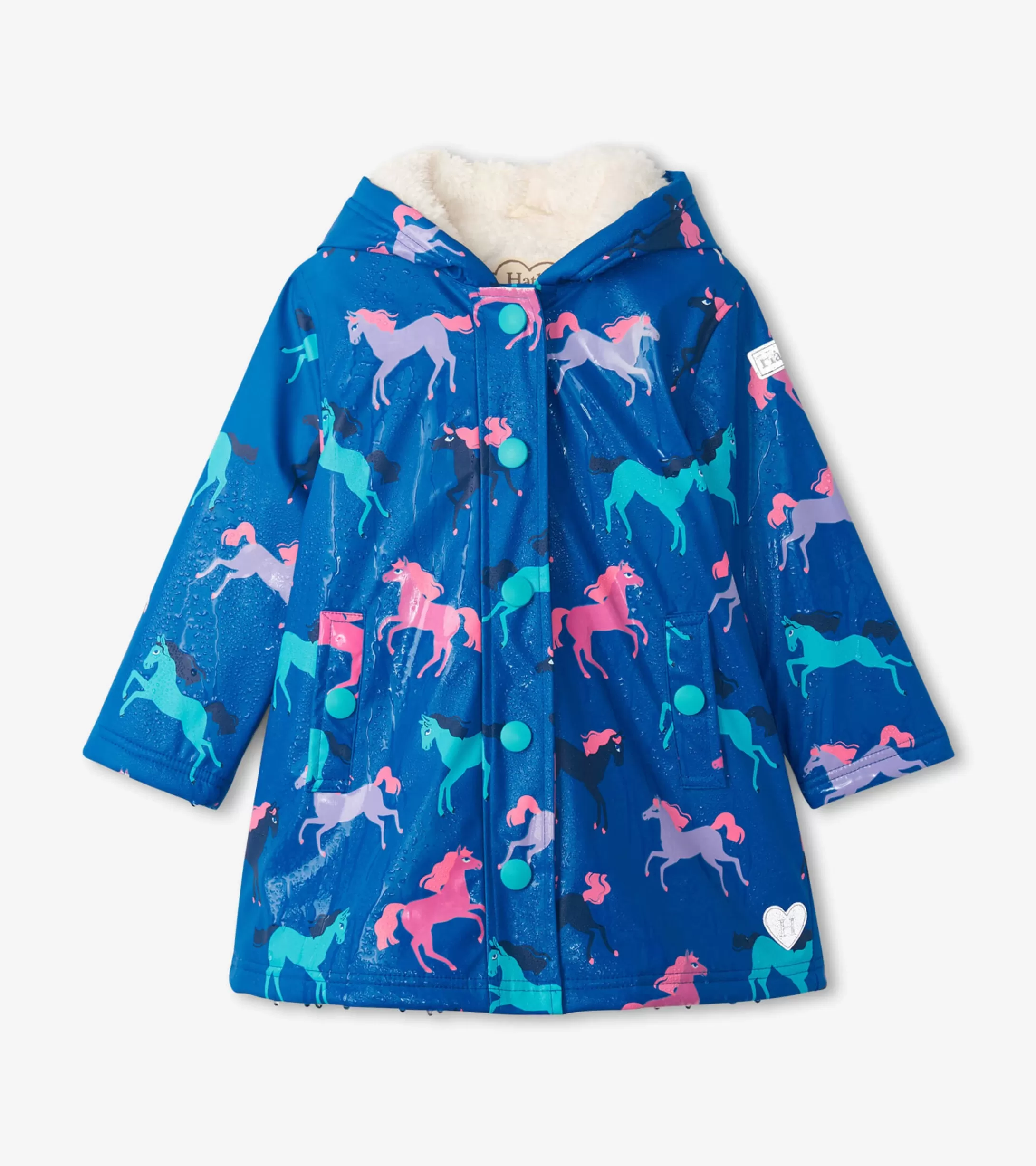 Hatley Girls Prancing Horses Colour Changing Sherpa Lined Button-Up Rain Jack Outlet