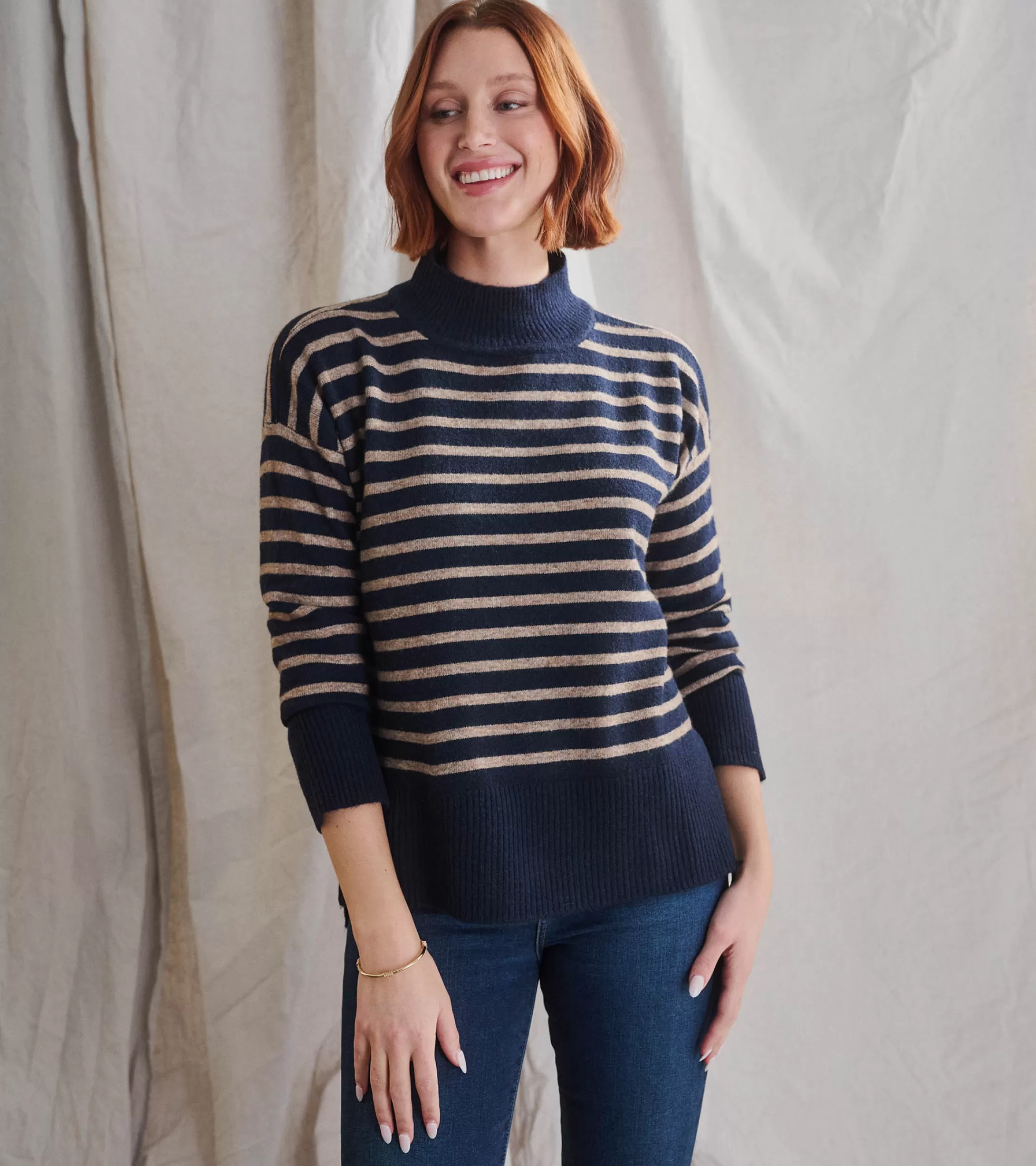 Hatley Mock Neck Tunic - Navy Taupe Stripes Online